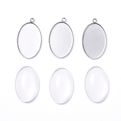 Stainless Steel Color DIY Pendant Making, with 304 Stainless Steel Pendant Cabochon Settings and Transparent Oval Glass Cabochons, Stainless Steel Color, Cabochons: 30x20x6mm, 1pc/set, Settings: 35x21x1.5mm, hole: 2mm, 1pc/set