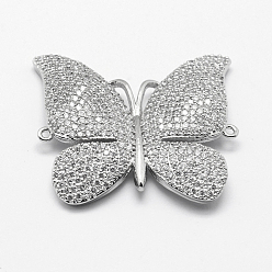 Platinum Long-Lasting Plated Brass Micro Pave Cubic Zirconia Links, Butterfly, Real Platinum Plated, 30x32.5x3mm, Hole: 1mm
