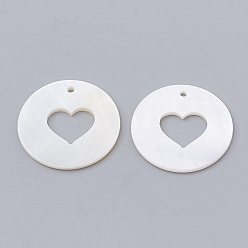 Creamy White Freshwater Shell Pendants, Flat Round with Heart, Creamy White, 25x1.5~2mm, Hole: 1.5mm