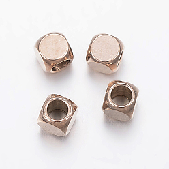 Oro Rosa Revestimiento iónico (ip) 304 perlas de acero inoxidable, cubo, oro rosa, 3x3x3 mm, agujero: 2 mm