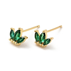 Green Cubic Zirconia Crown Stud Earrings, Real 18K Gold Plated Brass Jewelry for Women, Cadmium Free & Nickel Free & Lead Free, Green, 6.5x8mm, Pin: 0.7mm