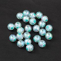 Turquoise Foncé Placage uv perles d'émail acrylique irisé arc-en-ciel, rond avec empreinte de patte de chat, turquoise foncé, 15~16mm, Trou: 2.3mm