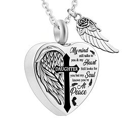 Word Heart and Wing Urn Ashes Pendant Necklace, Cross with Word Daughter 316L Stainless Steel Memorial Jewelry for Men Women, Word, 18.9 inch(48cm)