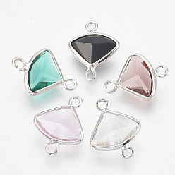 Mixed Color Glass Links, with Brass Findings, Faceted Fan, Real Platinum Plated, Mixed Color, 12.5x10x3mm, Hole: 1mm