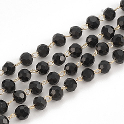 Real 18K Gold Plated Handmade Glass Beaded Chains, Soldered, with Brass Findings, Faceted, Round, Black, Real 18K Gold Plated, 3mm