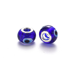 Blue Handmade Evil Eye Lampwork European Beads, Large Hole Beads, with Platinum Color Core Brass Double Cores, Rondelle, Blue, 14~15x9~10mm, Hole: 5mm