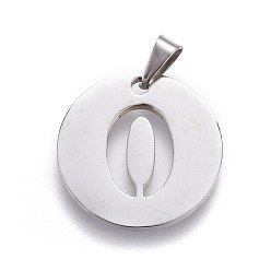 Letter O 201 Stainless Steel Pendants, Flat Round with Letter, Stainless Steel Color, Letter.O, 24.5x19.7x1.3mm, Hole: 4x3mm