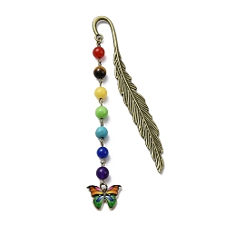 Green Butterfly Alloy Enamel Pendant Bookmark with Chakra Gemstone Bead, Alloy Feather Bookmarks, Green, 140x14.5x3.5mm