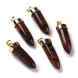 Obsidienne Acajou Pendentifs pointus en obsidienne naturelle en acajou, charmes de cône, avec les accessoires en fer et en alliage de ton doré, 42.5~46x14~15mm, Trou: 8x6mm