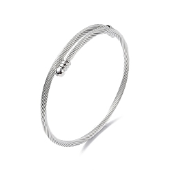Stainless Steel Color 304 Stainless Steel Open Cuff Bangle with Oval Beaded, Twist Rope Torque Bangle for Women, Stainless Steel Color, Inner Diameter: 2-1/8 inch(5.5cm)