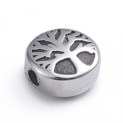 Antique Silver Retro 304 Stainless Steel Beads, Flat Round with Tree of Life, Antique Silver, 10x5.5mm, Hole: 2mm