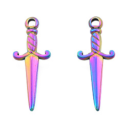 Rainbow Color Ion Plating(IP) 201 Stainless Steel Pendants, Sword, Rainbow Color, 27.5x10.5x2.5mm, Hole: 2mm