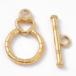 Real 18K Gold Plated Ion Plating(IP) 304 Stainless Steel Toggle Clasps, Flat Round with Heart, Real 18K Gold Plated, Bar: 6x19.5x2mm, hole: 2.5mm, Flat Round with Heart: 21x13.5x2mm, hole: 2.5mm