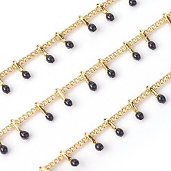 Black Handmade Enamel Beaded Chains, with Brass Curb Chains, Soldered, with Spool, Long-Lasting Plated, Real 18K Gold Plated, Black, 5.5x1.5~2mm, about 32.8 Feet(10m)/roll