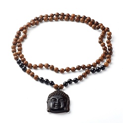 Coconut Brown Natural Ice Crystal Obsidian Buddha Head Pendant Necklaces, with Natural Wenge Wood & Natural Obsidian Round Beads, Coconut Brown, 42.52 inch(108cm)