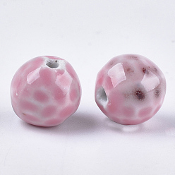 Pink Handmade Porcelain Beads, Fancy Antique Glazed Porcelain, Round, Pink, 16~16.5x15.5~16x15~16mm, Hole: 2.5~3mm