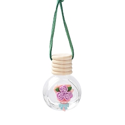 Fleur Pendentifs de bouteille de parfum en verre vide avec bouchon en bois, Flacon diffuseur d'huiles essentielles de parfum d'aromathérapie, décor suspendu de voiture, motif rose, 3.5x5.2 cm