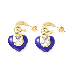 Blue Enamel Heart Dangle Stud Earrings with Clear Cubic Zirconia, Real 18K Gold Plated Brass Jewelry for Valentine's Day, Blue, 32.5mm, Pin: 0.7mm