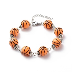 Basketball Sport Ball Theme Acrylic Round Beaded Bracelet, 304 Stainless Steel Jewelry for Men Women, Platinum, Basketball Pattern, 7-1/4 inch(18.5cm)