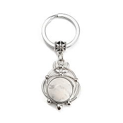 Howlite Porte-clés pendentif howlite naturelle, plat rond, avec les accessoires en laiton, argent antique et platine, 65~66mm