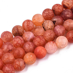 Tomato Natural Crackle Agate Beads Strands, Frosted, Dyed & Heated, Round, Tomato, 8mm, Hole: 1mm, about 47~48pcs/strand, 14.96~14.57 inch(37~38cm)