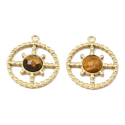 Tiger Eye Natural Tiger Eye Facete Sun Pendants, Ion Plating(IP) 316 Stainless Steel Flat Round Charms, Real 24K Gold Plated, 21x18.5x4mm, Hole: 1.8mm