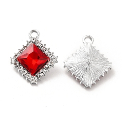 Roja Colgantes de cristal de aleación, encanto de rombo de diamantes de imitación de cristal, Platino, rojo, 19.5x16.5x6 mm, agujero: 2 mm