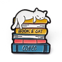 Book Pasador de esmalte de café de libro y gato, Broche de aleación negra de electroforesis para gato persona, patrón de libro, 31x27x2 mm, pin: 1.3 mm