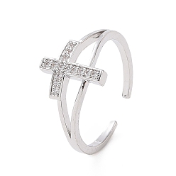 Платина Латунные микро проложить кубического циркония кольца, открытое кольцо манжеты, кольцо с религиозным крестом для женщин, платина, 1.5 мм, внутренний диаметр: 18 мм