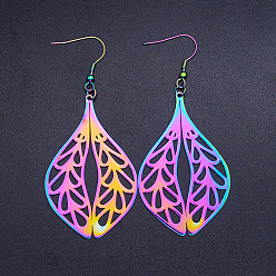 Rainbow Color 201 Stainless Steel Dangle Earrings, Double Leaf, Rainbow Color, 80x35mm, Pin: 0.7mm