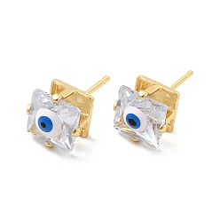 White Glass Square with Enamel Evil Eye Stud Earrings, Real 18K Gold Plated Brass Jewelry for Women, White, 9x9.5mm, Pin: 1mm