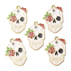 Dark Red Halloween Alloy Pendants, with Enamel, Light Gold, Skull with Rose Charm, Dark Red, 28x20~20.5x1mm, Hole: 1.8mm