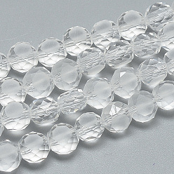 Clear Frosted Glass Beads Strands, Faceted, Flat Round, Clear, 8x5.5mm, Hole: 1.5mm, about 72pcs/22 inch