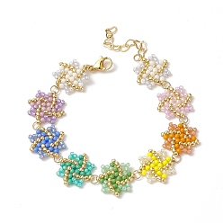 Colorful Handmade Seed Braided Octagram Link Chain Bracelet, Brass Wire Wrap Jewelry for Women, Colorful, 7-1/4 inch(18.4cm)