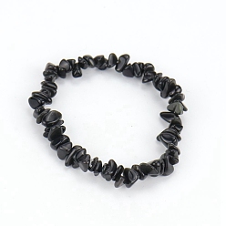 Obsidiana Pulsera elástica con cuentas de chips de obsidiana natural para mujer, 6-3/4~8-5/8 pulgada (17~22 cm)
