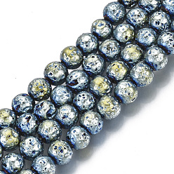 Light Steel Blue Electroplated Natural Lava Rock Beads Strands, Round, Bumpy, Light Steel Blue, 6.5mm, Hole: 1mm, about 60pcs/Strand, 14.96 inch(38cm)