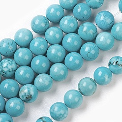 Turquoise Brins de perles de magnésite naturelle, ronde, teints et chauffée, turquoise, 6mm, Trou: 1mm, Environ 62 pcs/chapelet, 15.7 pouce (39.8 cm)