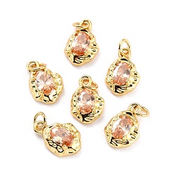 Light Salmon Brass Micro Pave Cubic Zirconia Pendant, Long-Lasting Plated,  Real 18K Gold Plated, Oval, Light Salmon, 12x8x3mm, Hole: 2.6mm