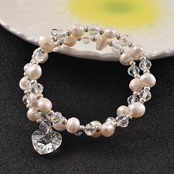 Seashell Color 2 Loops Pearl Beaded Wrap Bracelets, with Glass Beads and Heart Charm, Seashell Color, 49mm