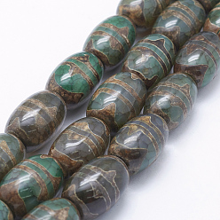 Wave Pattern Natural Agate Tibetan Style Double Tiger dZi Beads Strands, Dyed & Heated, Barrel, Green, 19~24x14~17mm, Hole: 2mm, about 15pcs/strand, 13.6 inch