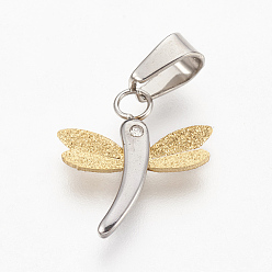Golden & Stainless Steel Color 304 Stainless Steel Textured Pendants, with Rhinestone, Dragonfly, Golden & Stainless Steel Color, 17x15.5x2mm, Hole: 4x6mm