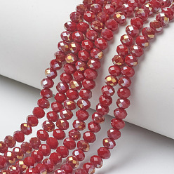 Dark Red Electroplate Opaque Glass Beads Strands, Half Rainbow Plated, Faceted, Rondelle, Dark Red, 4x3mm, Hole: 0.4mm, about 123~127pcs/strand, 16.5~16.9 inch(42~43cm)