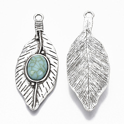 Antique Silver Tibetan Style Alloy Big Pendants, with Synthetic Turquoise, Cadmium Free & Lead Free, Leaf, Antique Silver, 71.5x27x7.5mm, Hole: 3.6mm