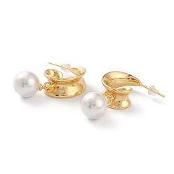 Real 18K Gold Plated Brass Half Hoop Earrings, with Steel Pin, Plastic Ear Nuts and Shell Pearl, Long-Lasting Plated, Semicircular, Real 18K Gold Plated, 33x8mm, Pin: 0.8mm