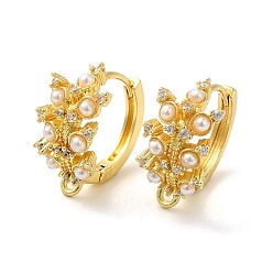 Golden Flower Rack Plating Brass Cubic Zirconia Hoop Earrings Findings, with Plastic Pearl and Loops, Long-Lasting Plated, Lead Free & Cadmium Free, Golden, 18 Gauge, 18x10x17.5mm, Hole: 1mm, Pin: 1mm