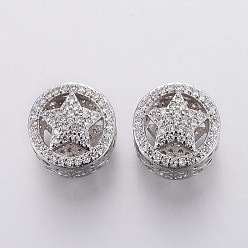 Platine Micro cuivres ouvrent zircone cubique perles européennes, Perles avec un grand trou   , creux, plat et circulaire avec étoile, clair, platine, 11.5x10mm, Trou: 4.5mm