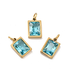 Pale Turquoise Vacuum Plating 304 Stainless Steel Pendants, with Cubic Zirconia and Jump Rings, Single Stone Charms, Rectangle, Golden, Pale Turquoise, 11.5x8x3.5mm, Hole: 3.6mm