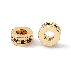 Real 18K Gold Plated Brass Spacer Beads, with Jet Rhinestone, Flat Round, Real 18K Gold Plated, 7x3~3.7mm, Hole: 3.4mm