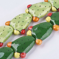 Mixed Color Handmade Porcelain Beads, Cactus, Mixed Color, 29.5~30x24~25x8.5~10mm, Hole: 2mm