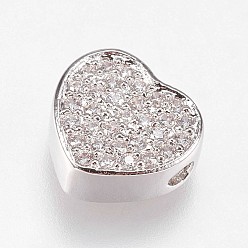 Platinum Brass Micro Pave Cubic Zirconia Beads, Heart, Clear, Platinum, 9x9.5x4mm, Hole: 1.2mm